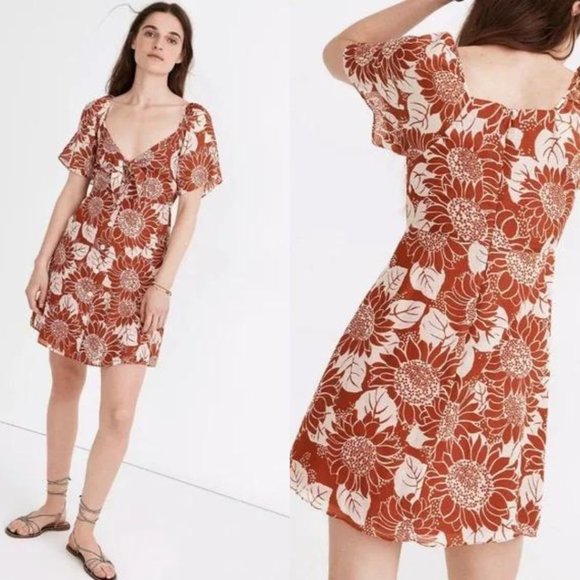 Madewell Silk Tie-Front Mini Dress in Sunflower Season Size 12 Orange / White - Picture 1 of 7
